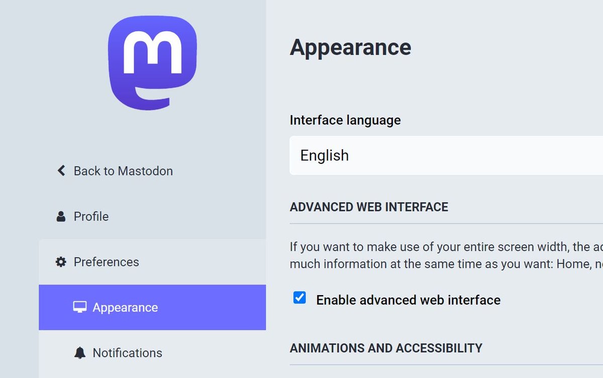 a screenshot showing how to navigate to change your mastodon desktop client interface; in settings, APPEARANCE is highlighted, and ADVANCED WEB INTERFACE is checked.